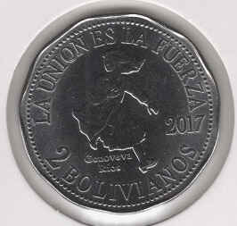 Bolivia 2 Bolivianos 2017 Genoveva Ríos